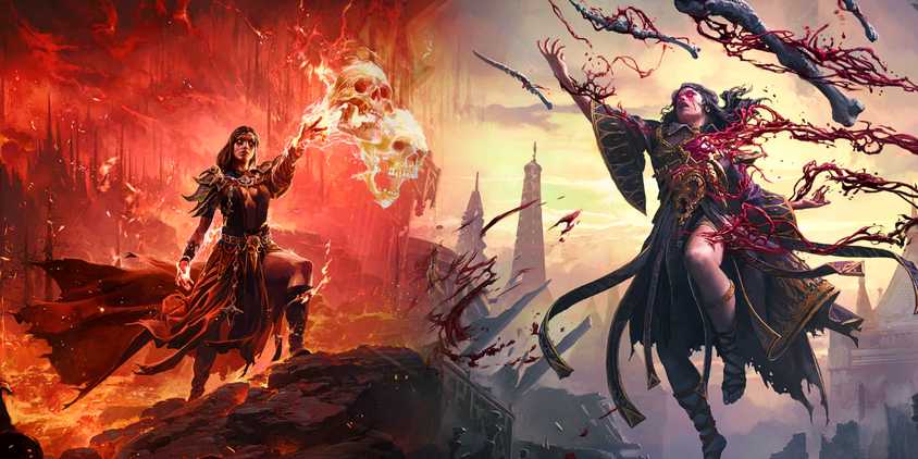 A juxtaposition of the Blood Mage and Infernalist Ascendancies for the Witch class in art from Path of Exile 2.