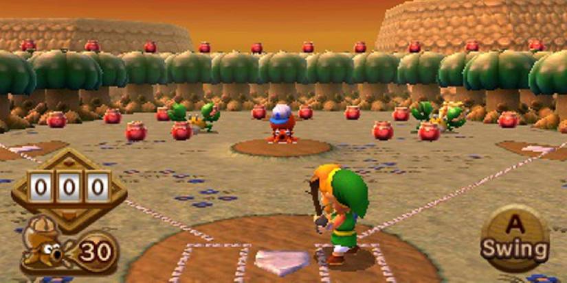 Link waits to hit a ball with a bat during an Octoball Derby game in The Legend of Zelda: A Link Between Worlds