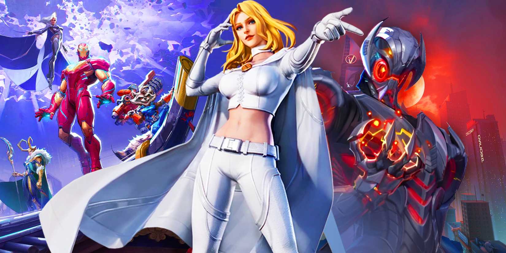 A Marvel Rivals imagery with Ultron and Emma Frost.