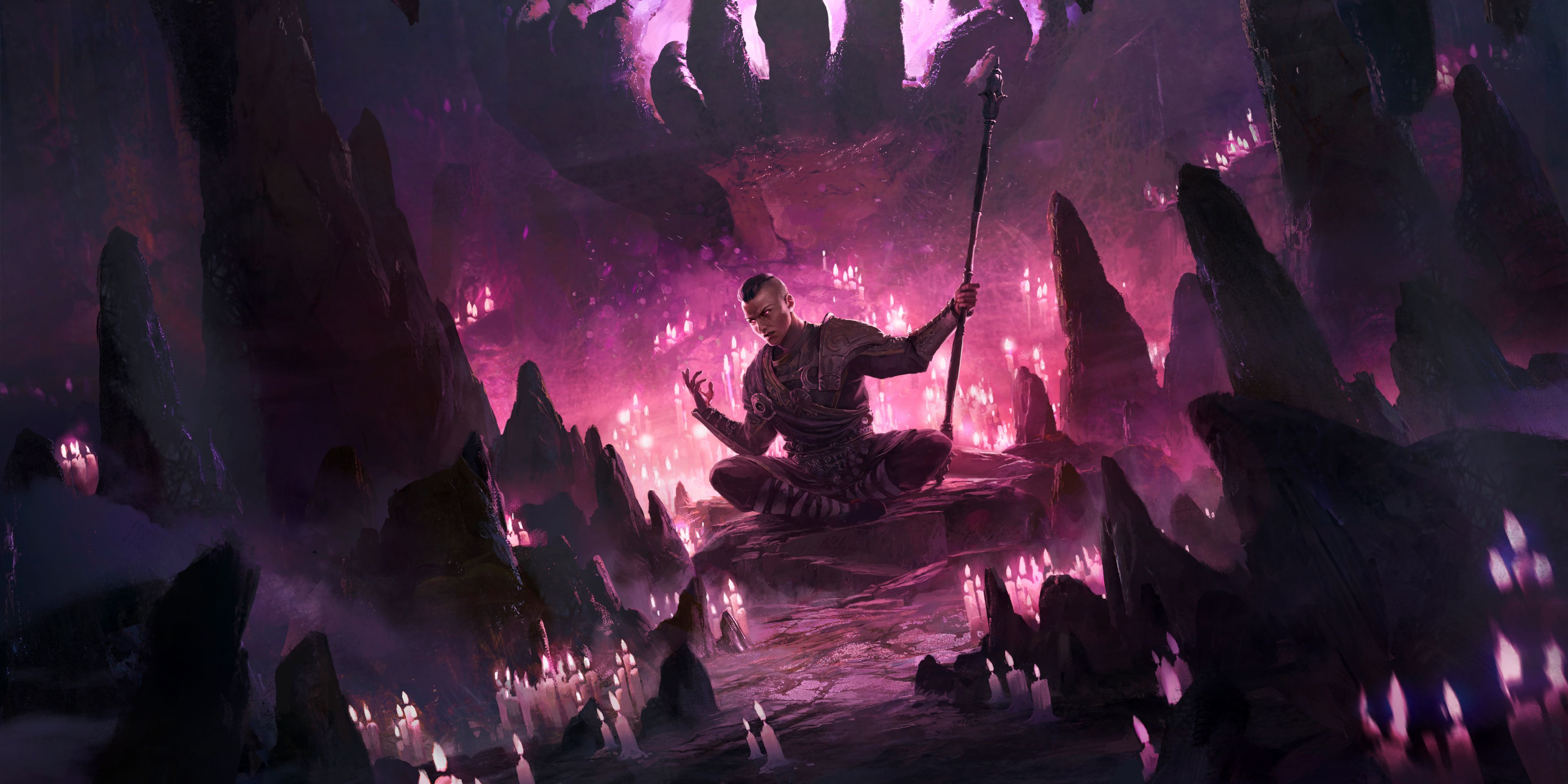 A Monk sitting among lit candles in Path of Exile 2.