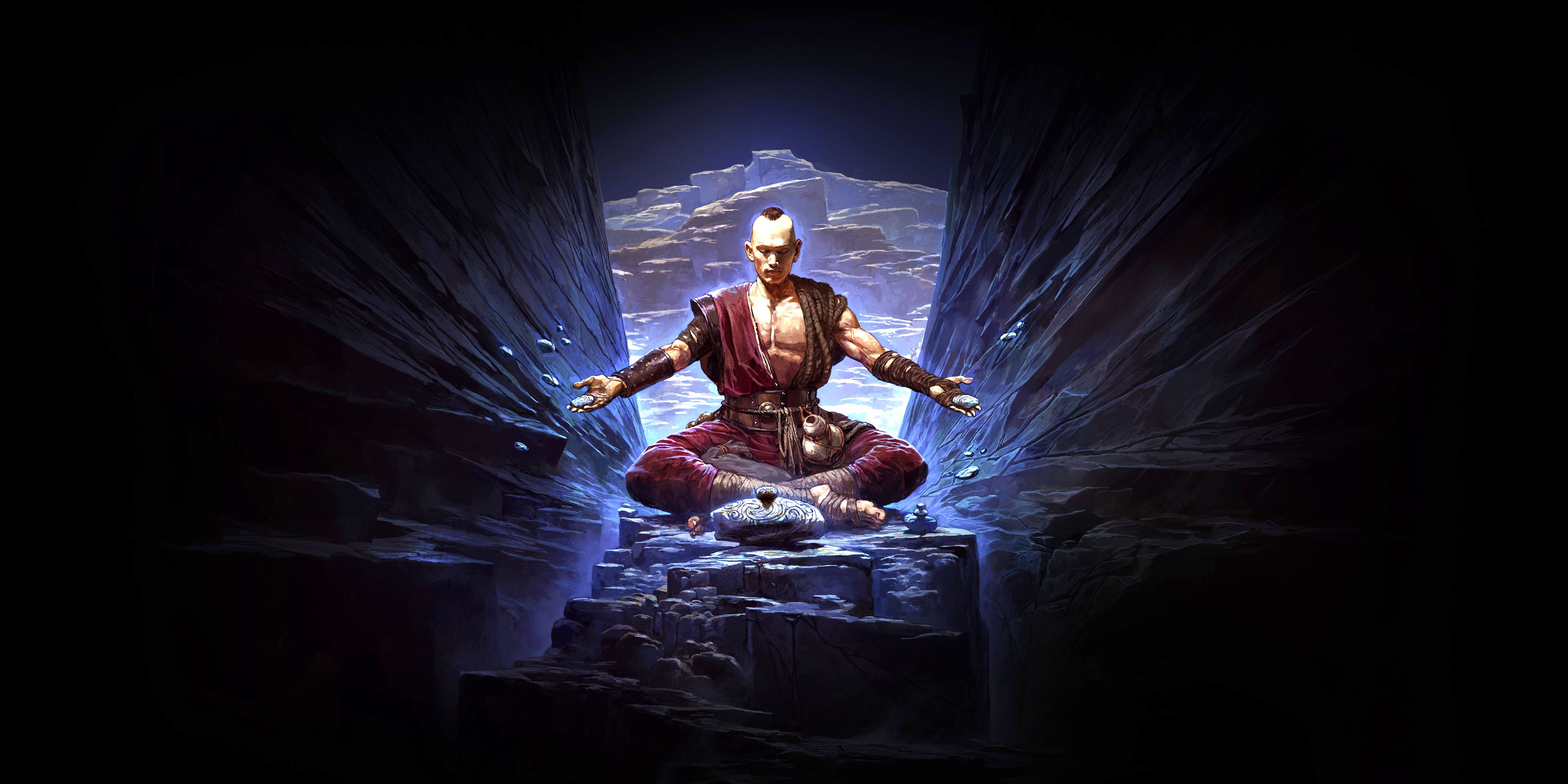 A Monk sitting in a canyon, levitating rocks with his mind in Path of Exile 2.