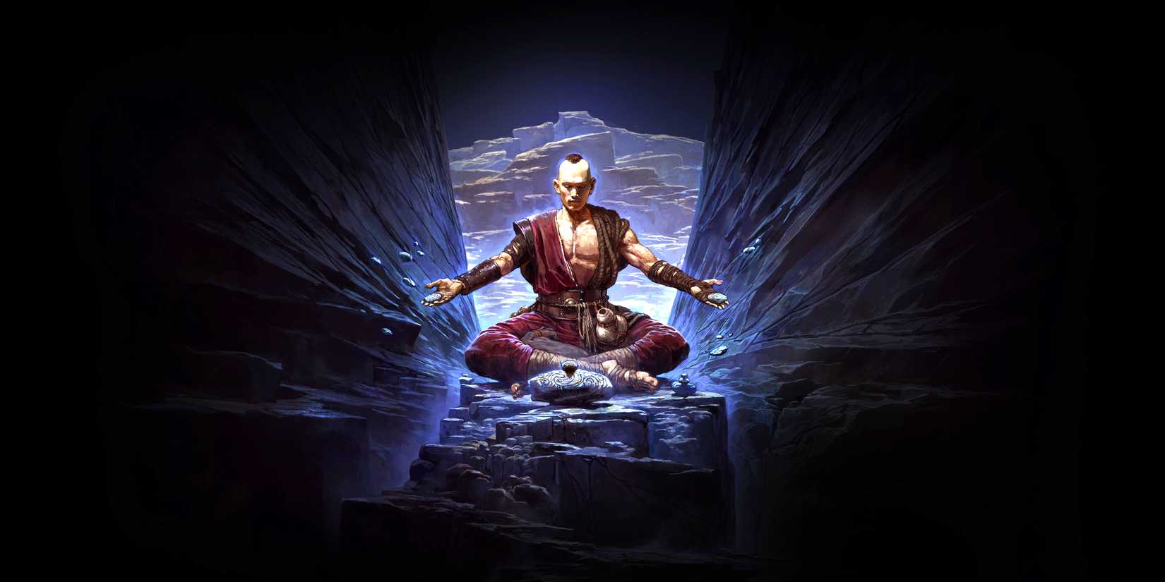 A Monk sitting in a canyon, levitating rocks with his mind in Path of Exile 2.