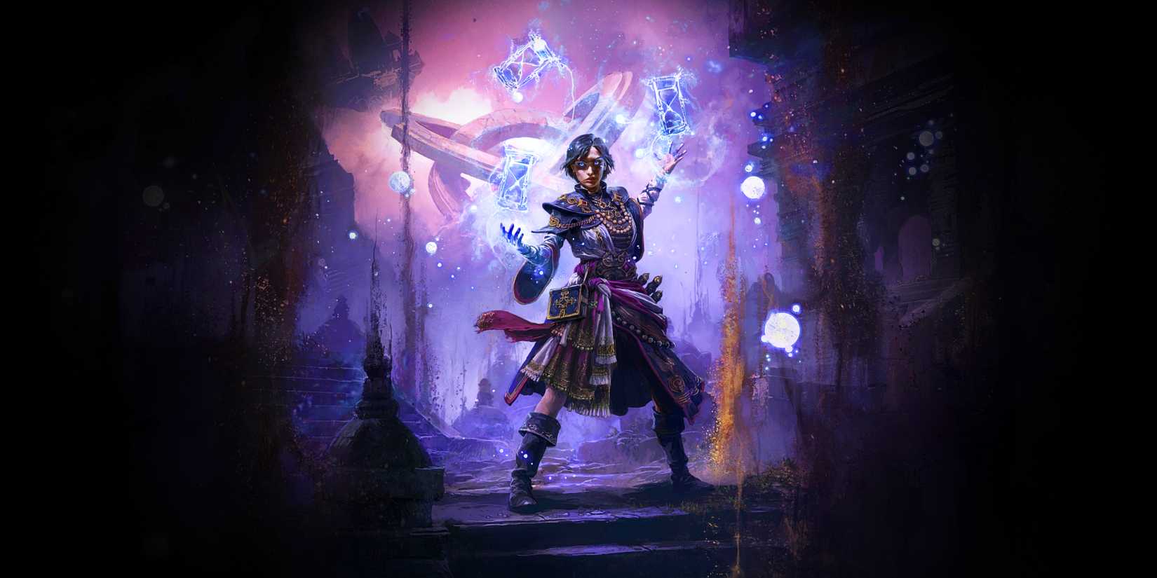 A Path of Exile 2 sorceress surrounded by spectral hourglasses.