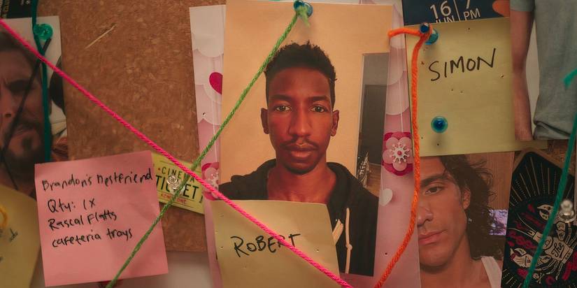 A photo of Robert on the sex timeline has an X made of yarn over top in Peacock's Laid