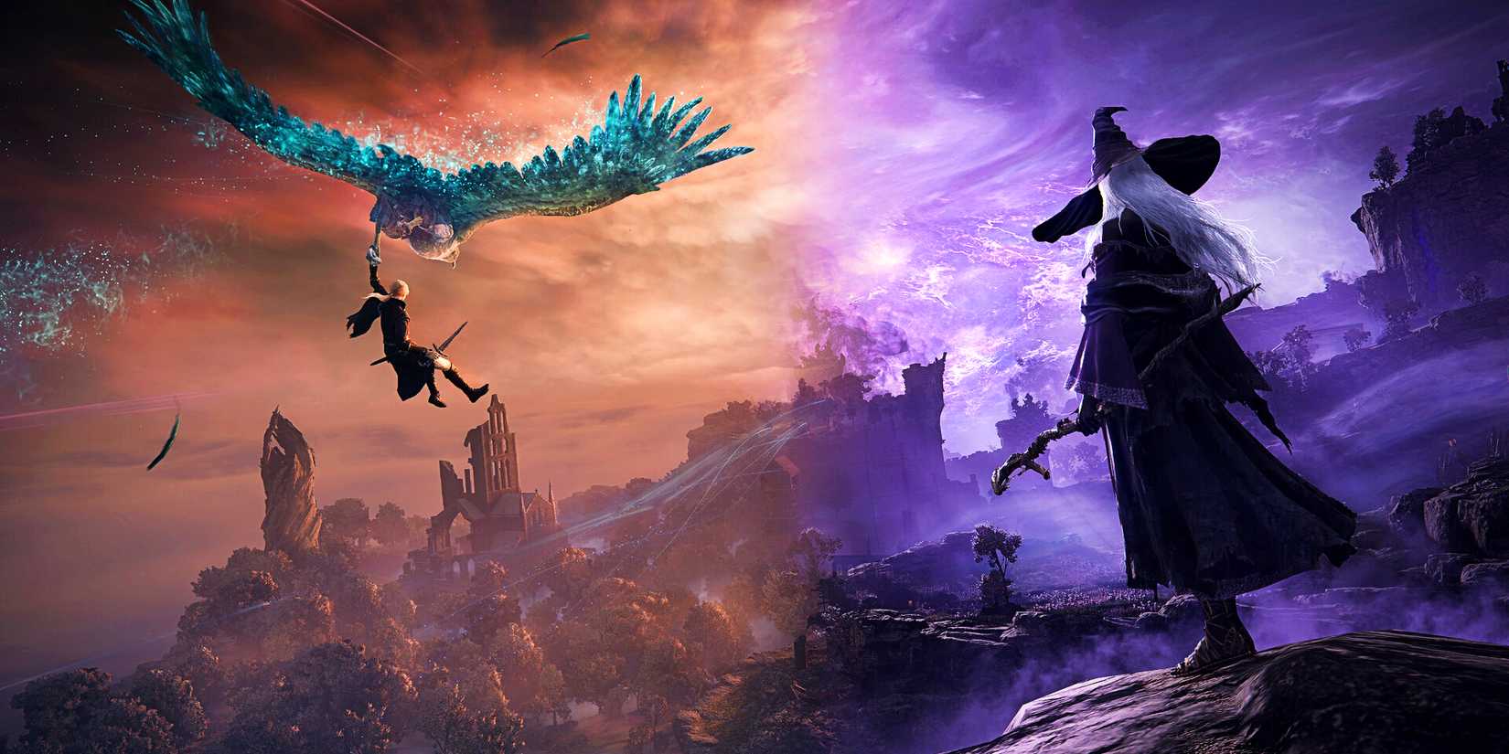 A player character flying into frame on a spectral bird while another, wearing a witch hat and holding a staff, looks out at the landscape in Elden Ring Nightreign.