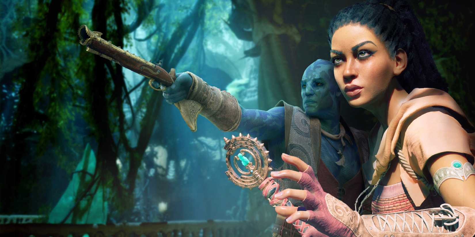 A player character holding a wand receives guidance from a godlike holding a handgun in Avowed.