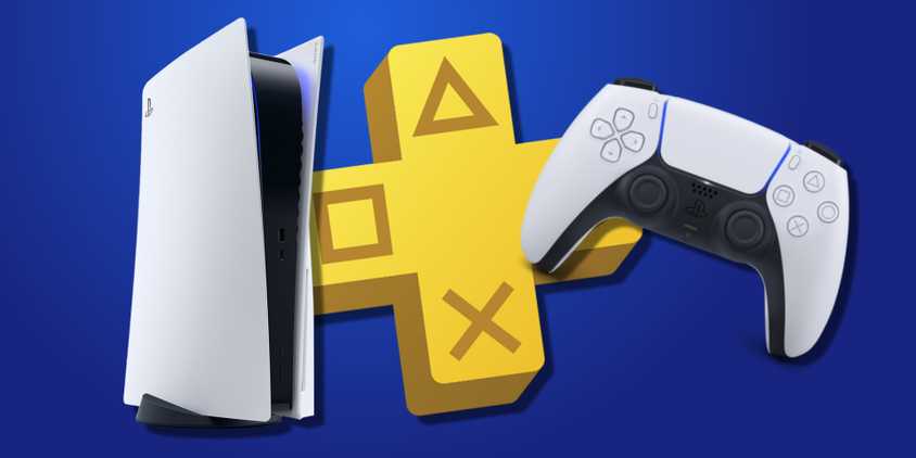 A PS5 and a DualSense controller on either side of the PS Plus logo.