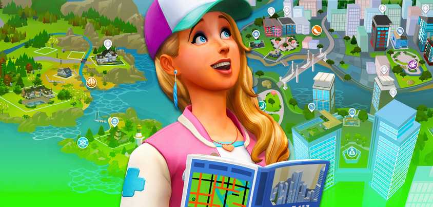 A Sim from sims 4 with Brindleton Bay and San Myshuno in the background