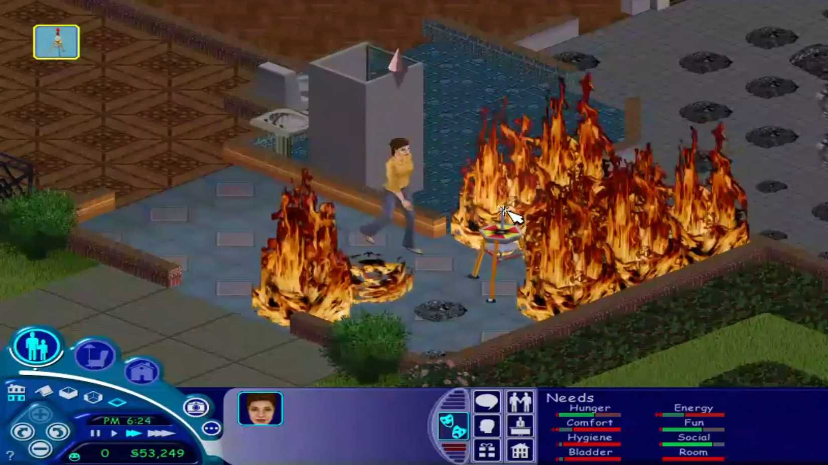 A Sim walking into a raging house fire in their bathroom in a screenshot from The Sims 1.
