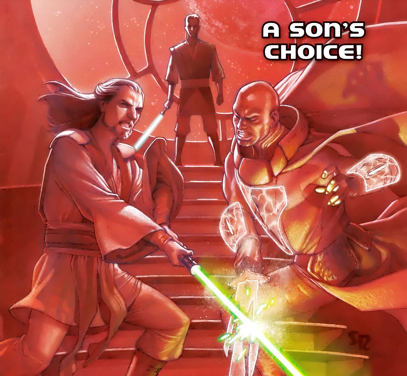 Arte em quadrinhos: Xanatos assiste a luta de Qui-Gon e Crion.