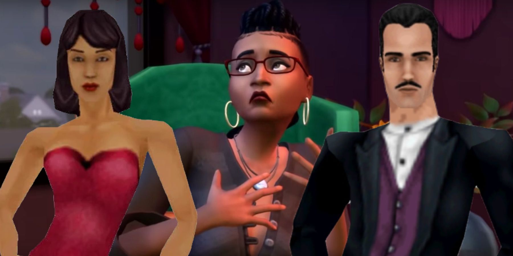 A terrified Sims 4 Sim surrounded by the Sims 1 versions of Bella and Mortimer Goth.