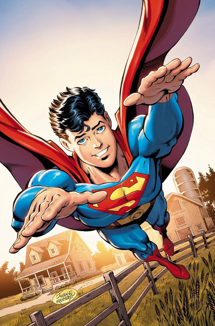 A young version of Superman flying away from Kent farm, toward the reader