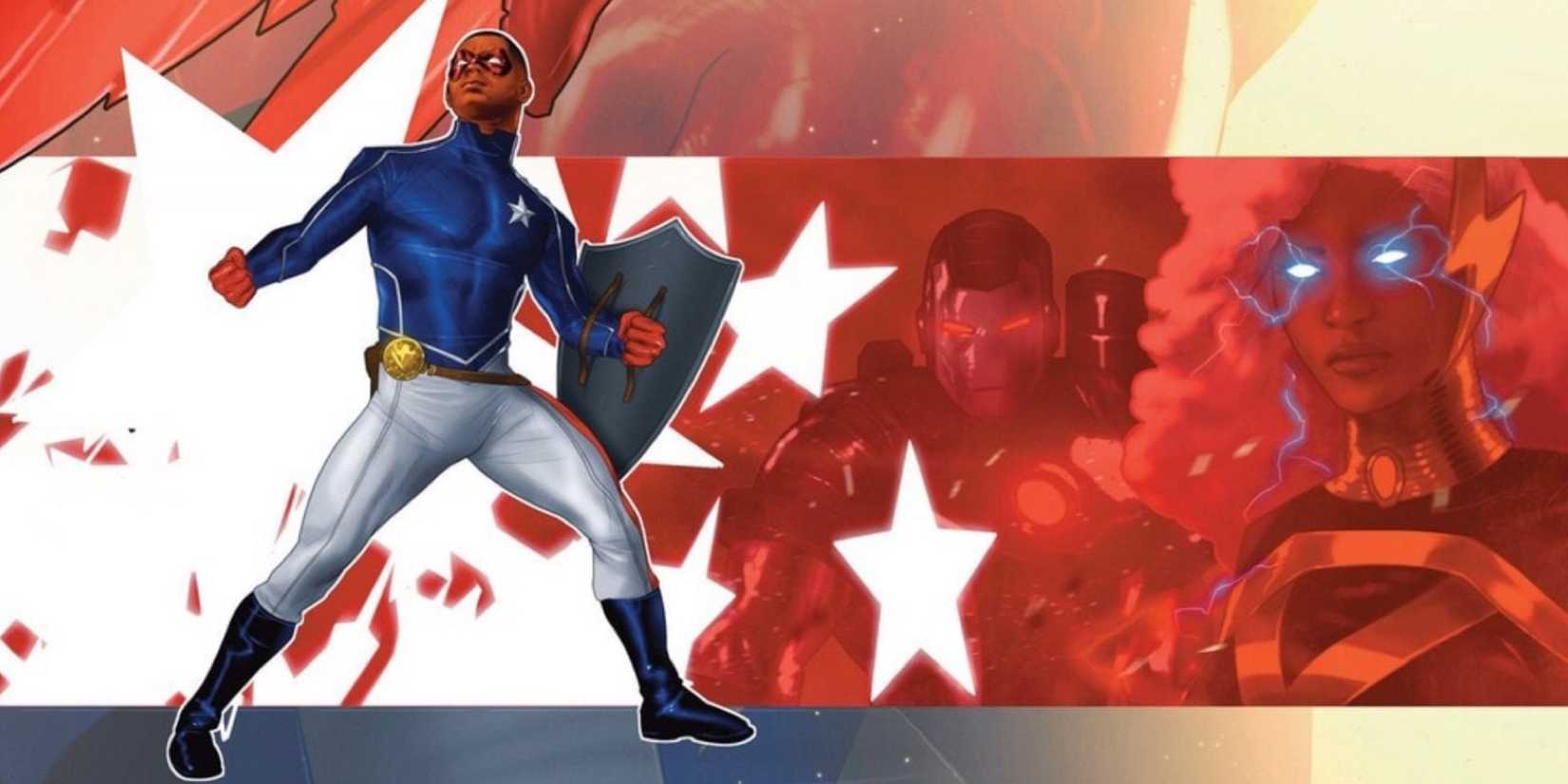 Cropped cover of Sam Wilson: Captain America #1 by Taurin Clarke - Patriot, War Machine, and Storm