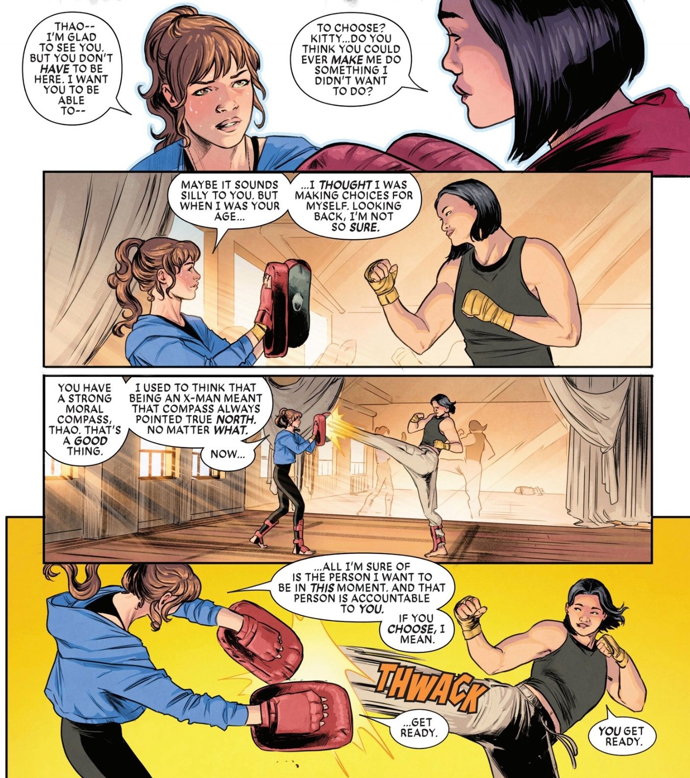 Kitty Pryde e Thao treinando enquanto discutem sobre ser um X-Men