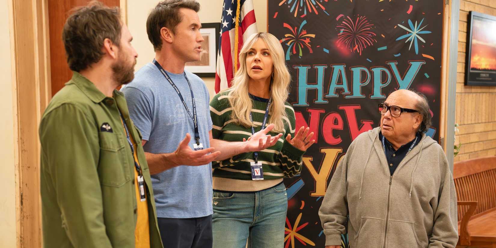 Charlie Day, Rob McElhenney, Kaitlin Olson, and Danny DeVito in the Abbott Elementary/It's Always Sunny In Philadelphia crossover episode. 