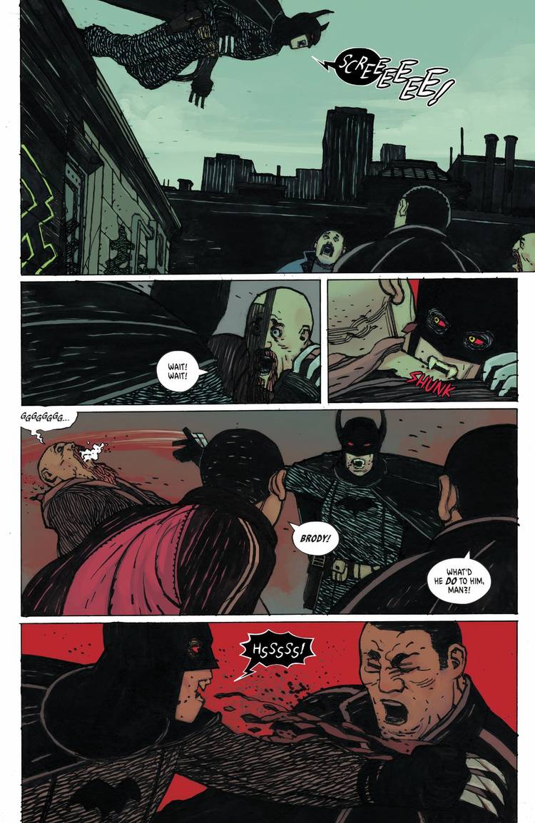 Absolute Batman #4, Batman appears in a terrifying new costume and shrieks like a bat as he attacks the criminals.