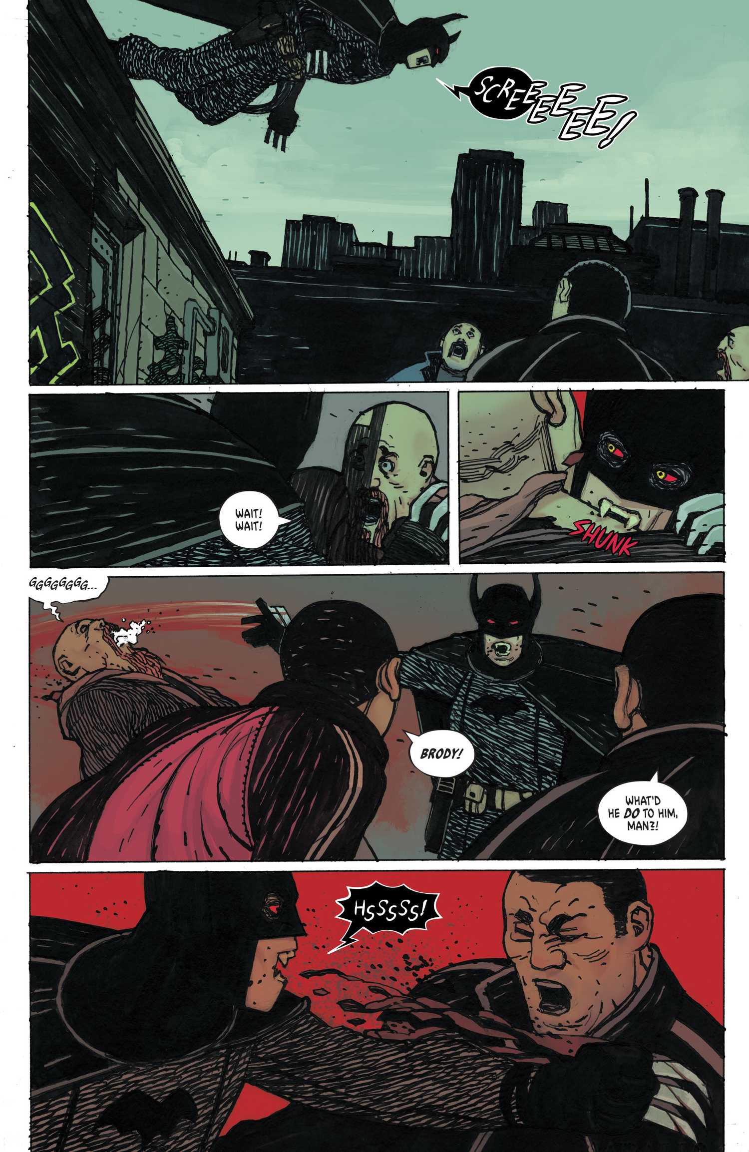 Comic book page: Absolute Batman debuts his first vampire-like costume.