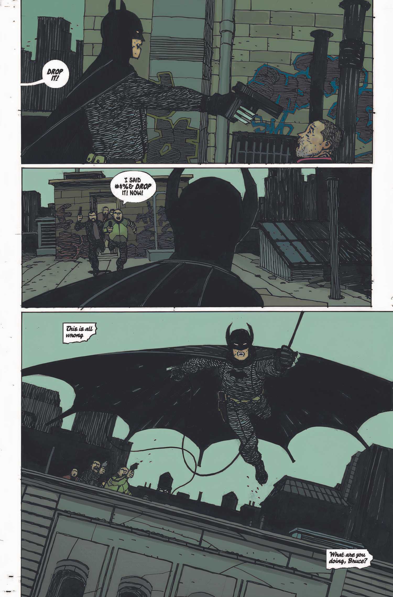 Comic book page: Absolute Batman brandishes a gun, and then leaps off a Gotham rooftop.