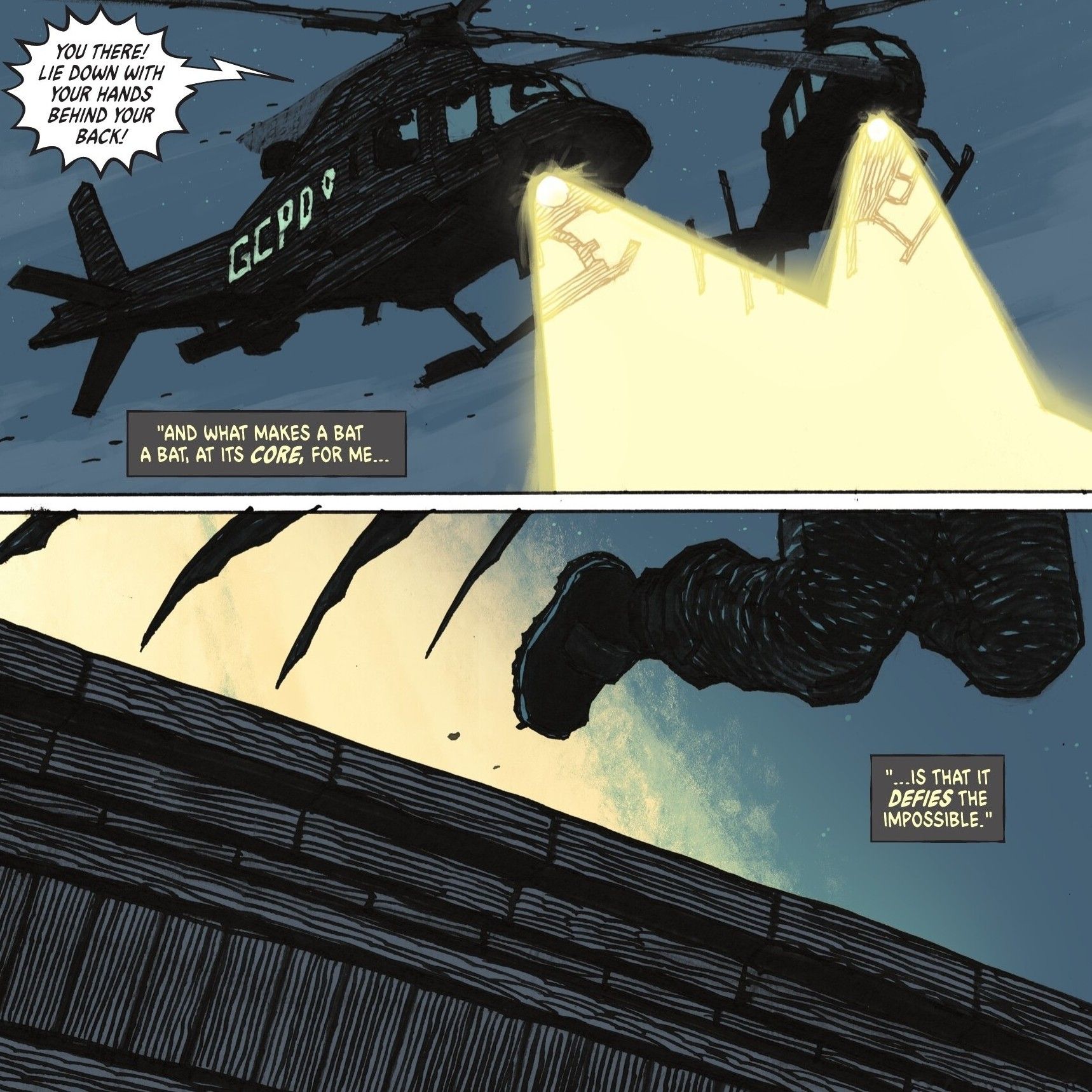 Comic Panels: Absolute Batman jumps off a roof as GCPD helicopters follow him.