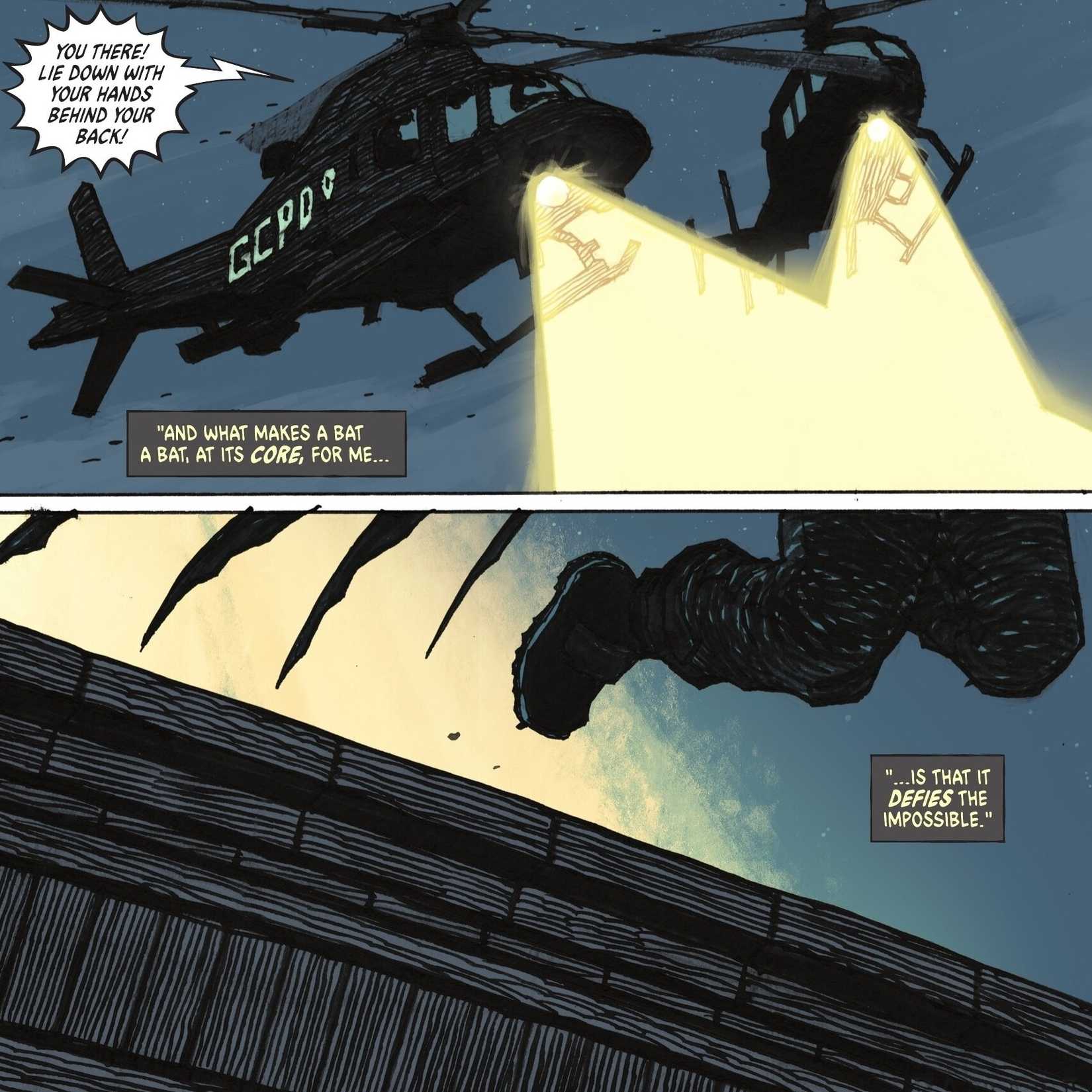 Comic book panels: Absolute Batman leaps from a roof as GCPD helicopters follow.