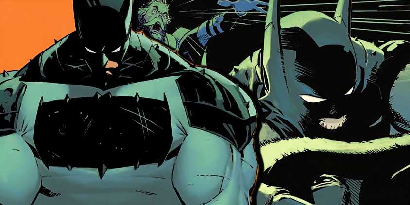 Absolute Batman standing to the left and driving recklessly to the right