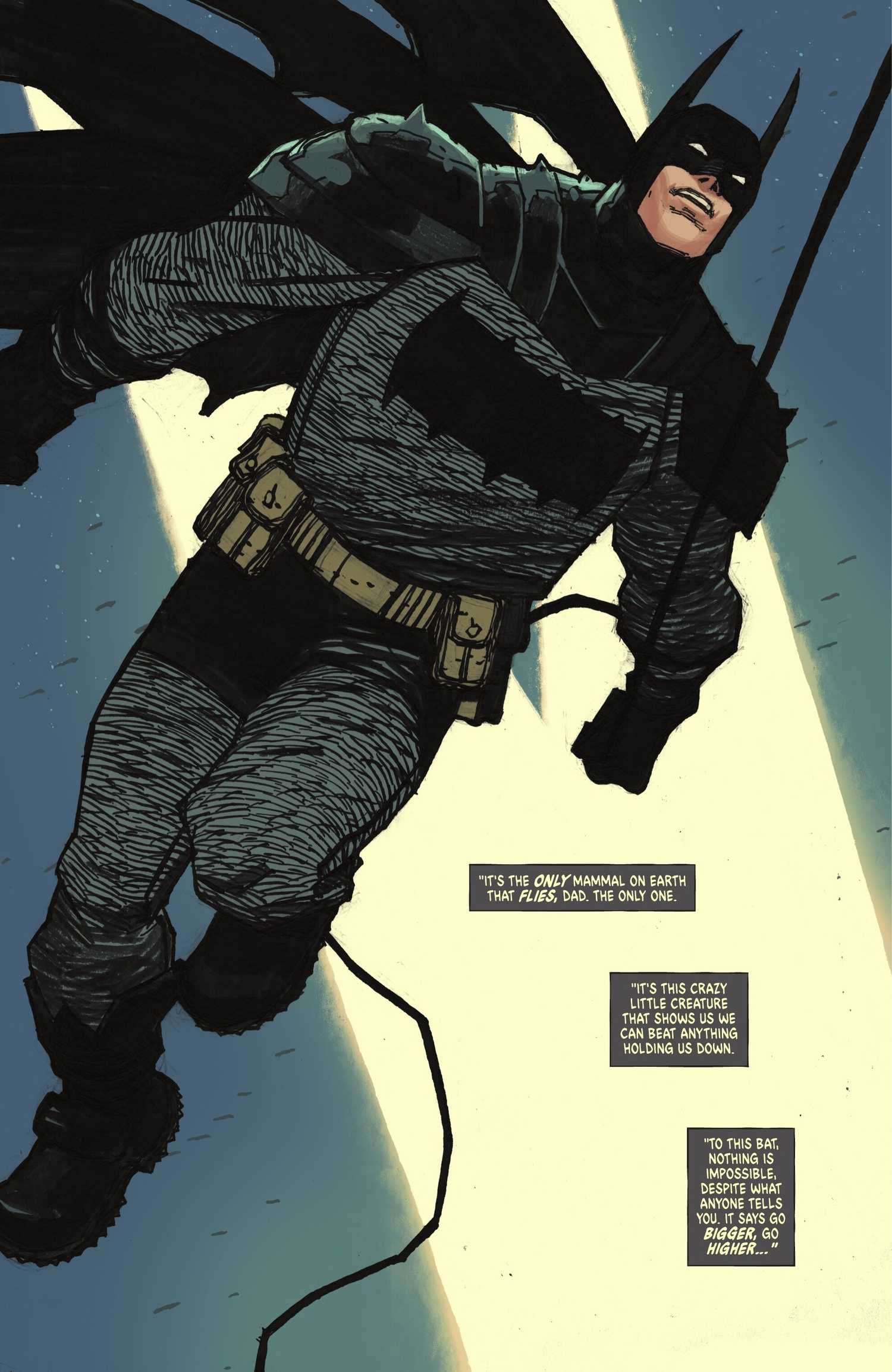 Comic book page: Absolute Batman leaps through the sky.