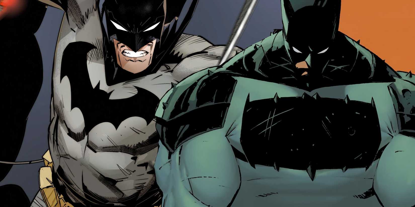 Comic book art: Absolute Batman Hunched Over While Prime Batman Looks On