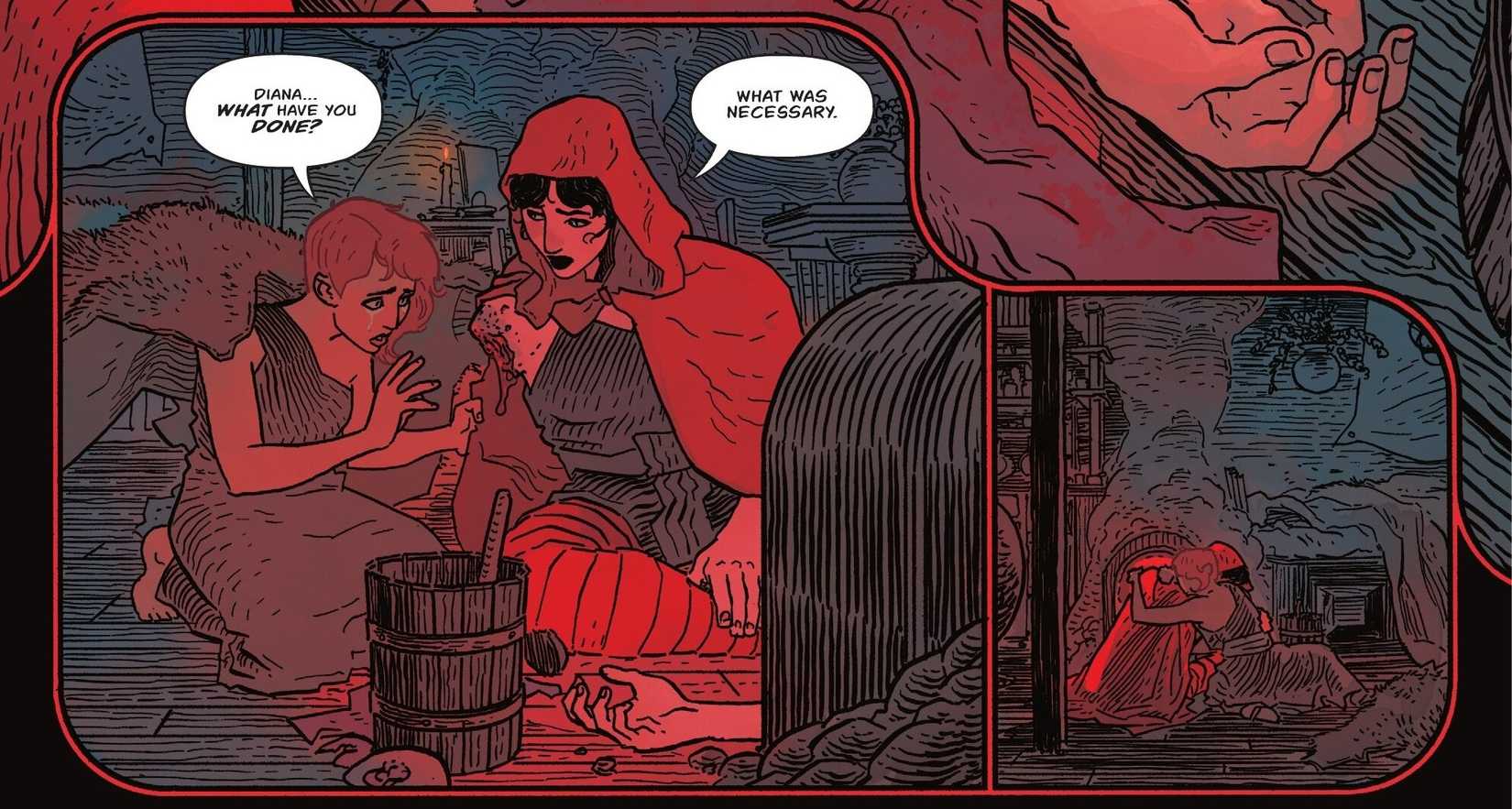 Comic book panels: Circe hugs Absolute Wonder Woman after she cut off her own arm.