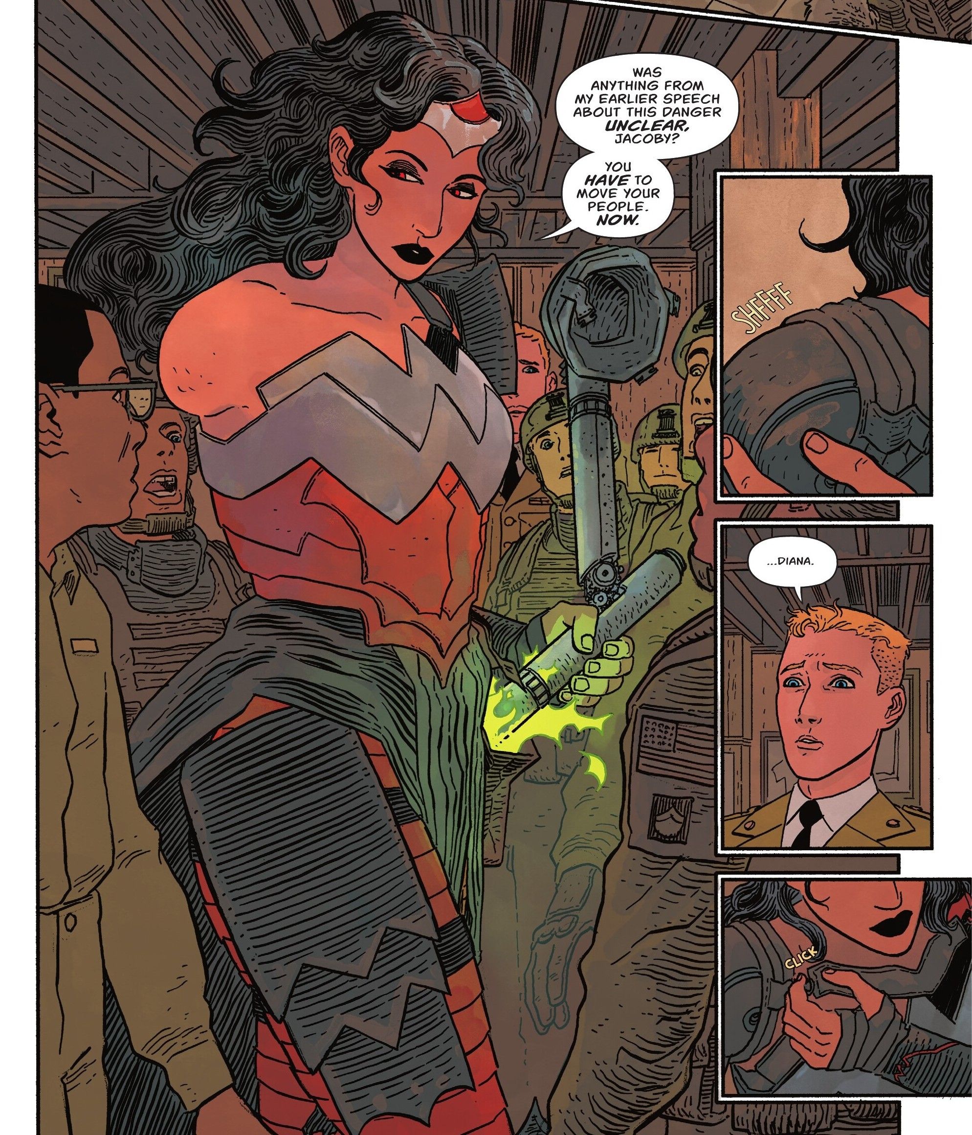 Comic book panels: Absolute Wonder Woman stands tall with one arm as Steve Trevor watches.