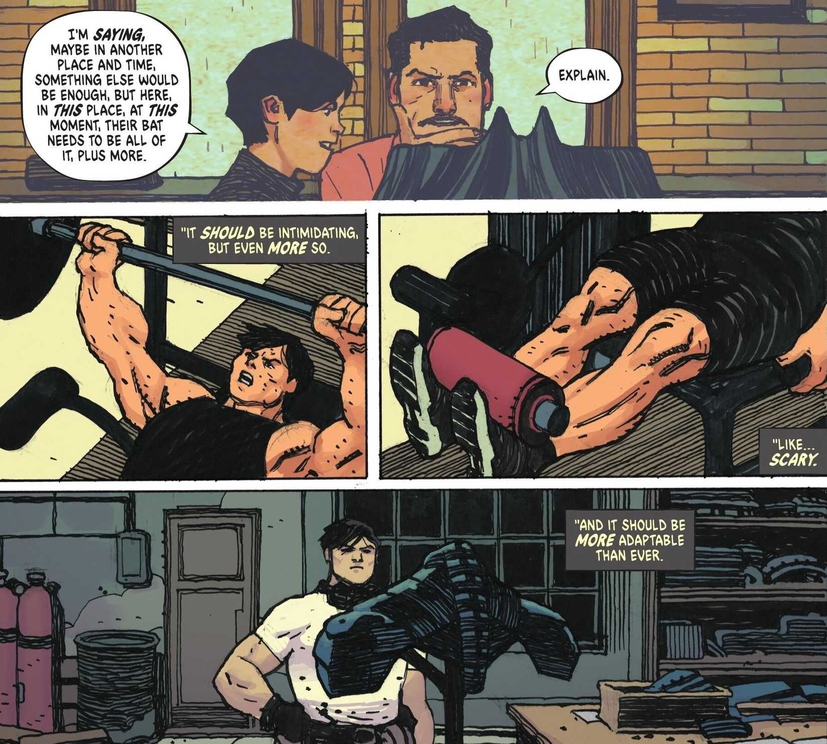 Comic book panels: Young Bruce Wayne explains his bridge to his father. Absolute Batman trains.