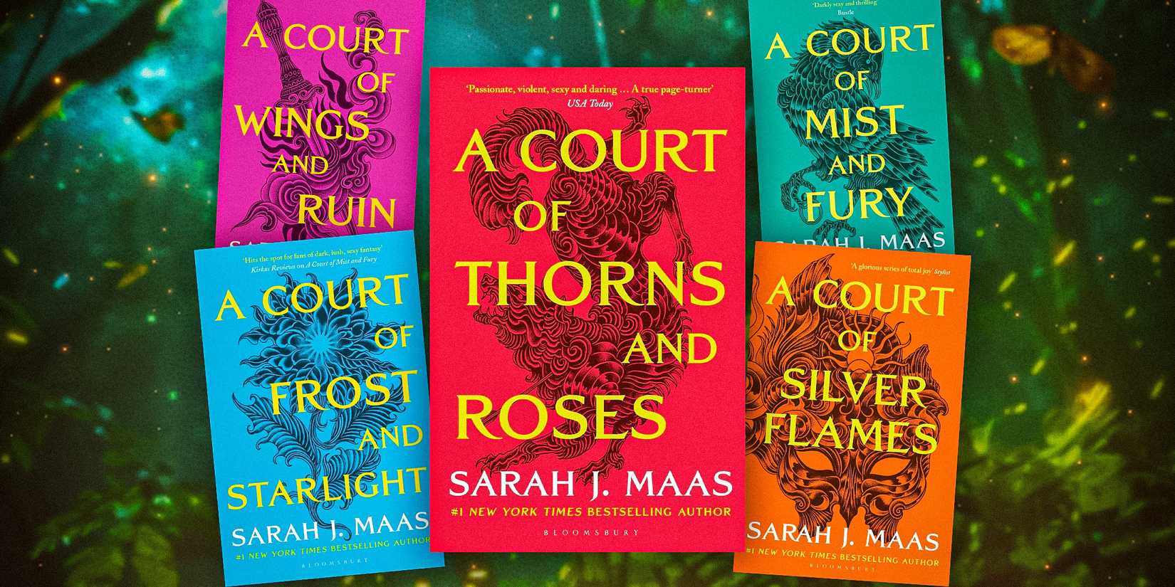 The covers of all the books in the Court of Thorns & Roses series with a green background