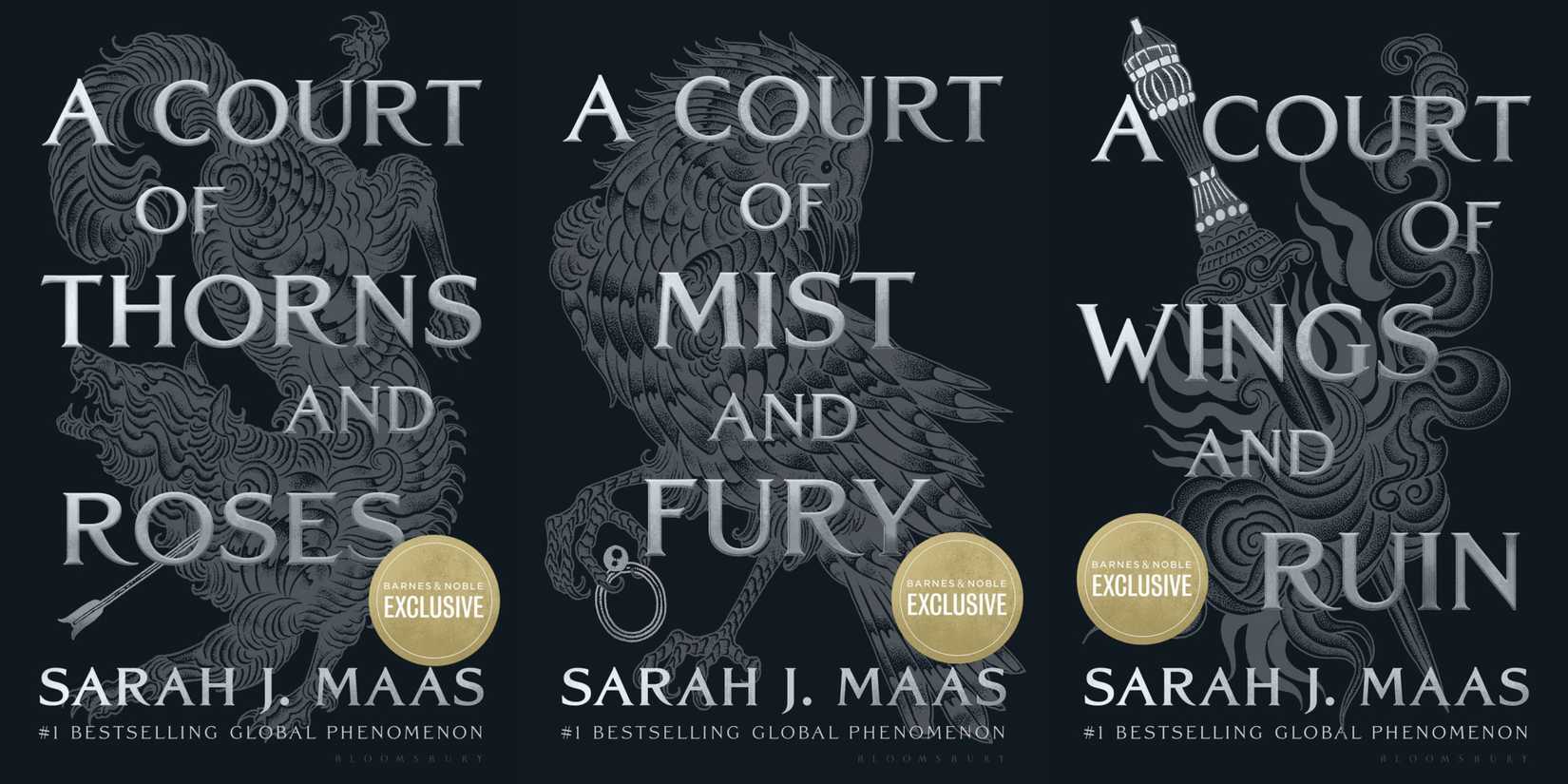 The covers of the Night Court editions of A Court of Thorns and Roses, A Court of Mist and Fury, and A Court of Wings and Ruin