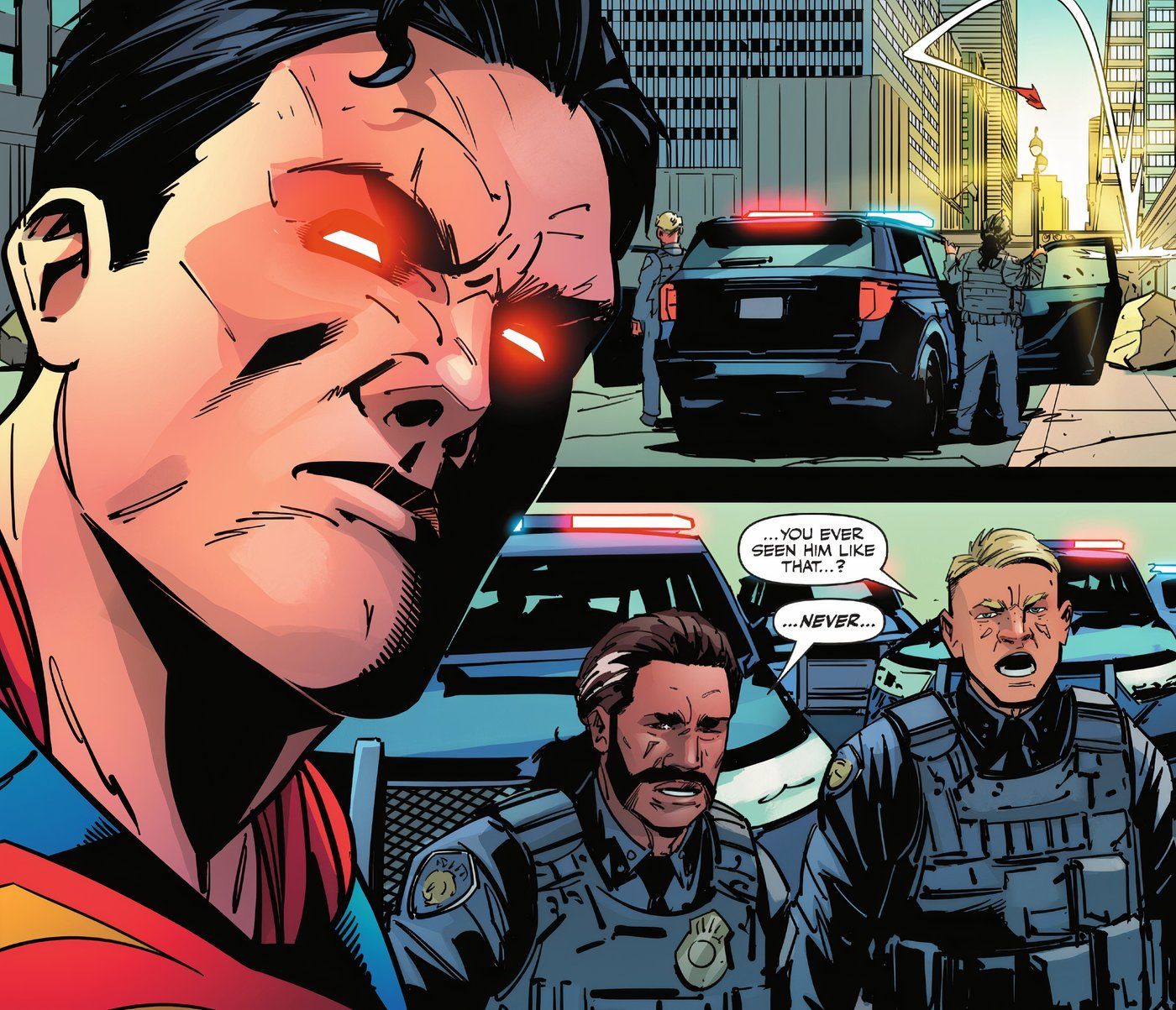 Os olhos do Superman da ActioN Comics 1082 brilham de raiva e os policiais dizem que nunca o viram assim