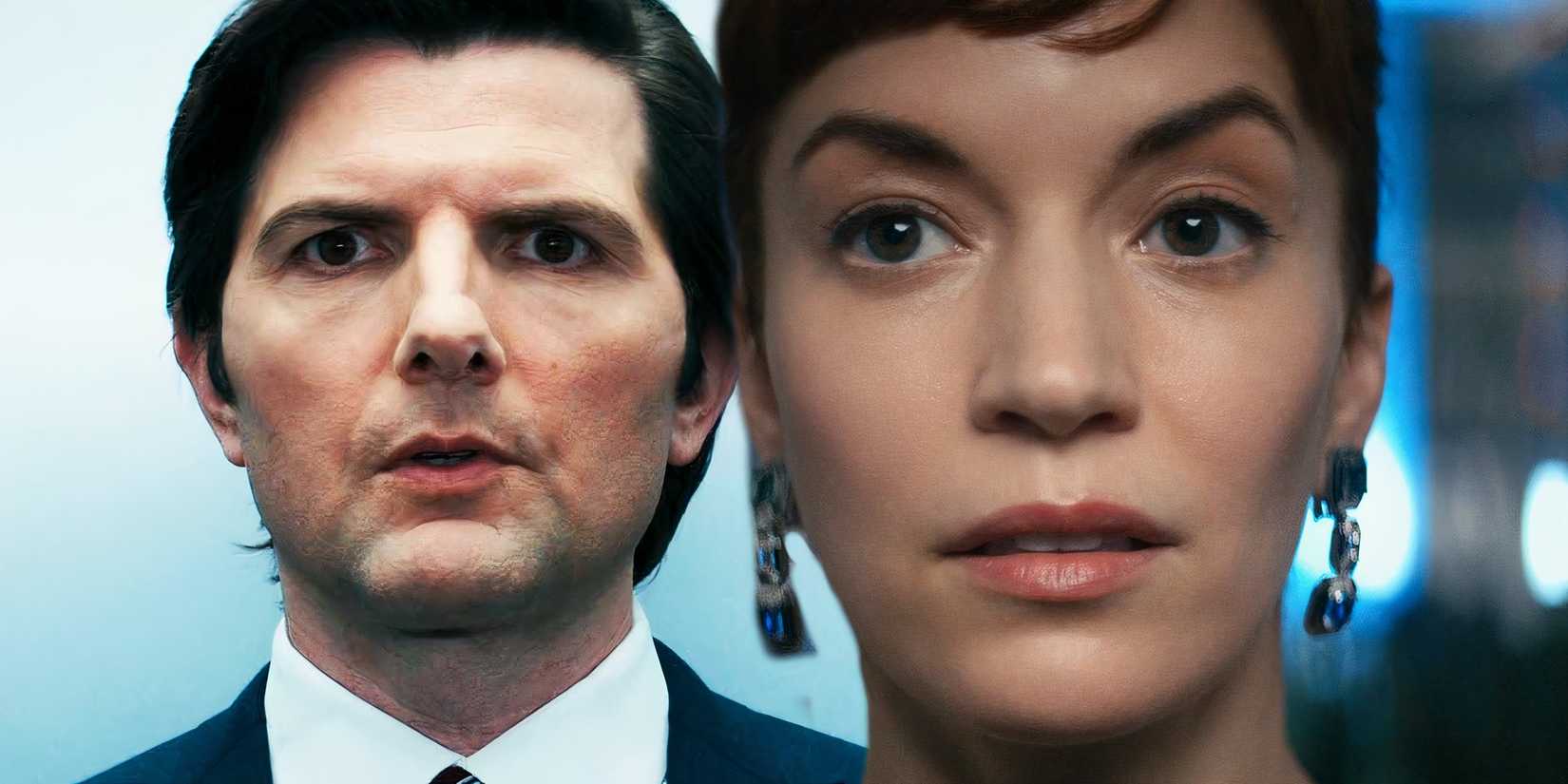 Adam Scott as Mark looking shocked next to Britt Lower as Helly looking ahead in Severance