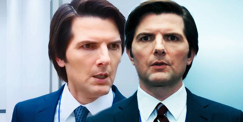 Adam Scott looking worried as Mark next to Mark looking scared in Severance