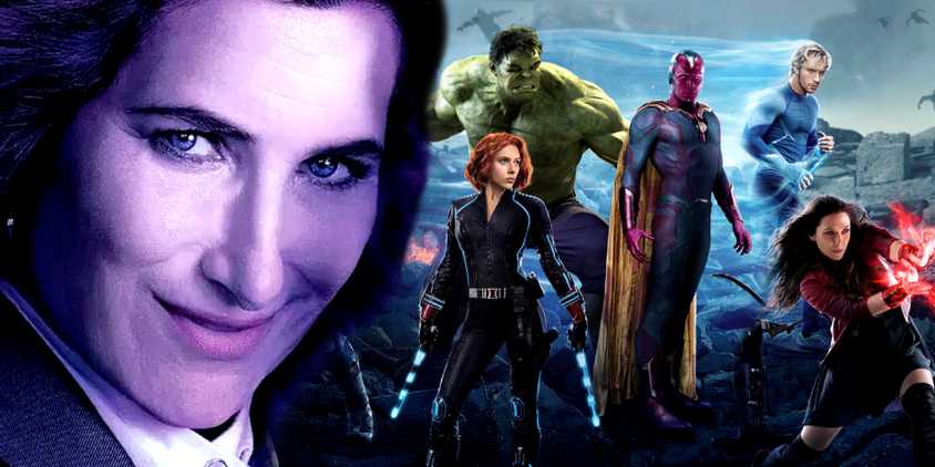 Agatha Harkness smiles in front of the Avengers in the MCU's Age of Ultron battle