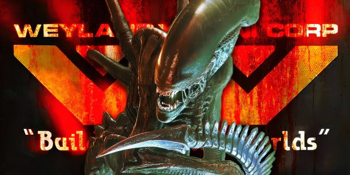 Alien's Xenomorph in front of a Weyland-Yutani logo.