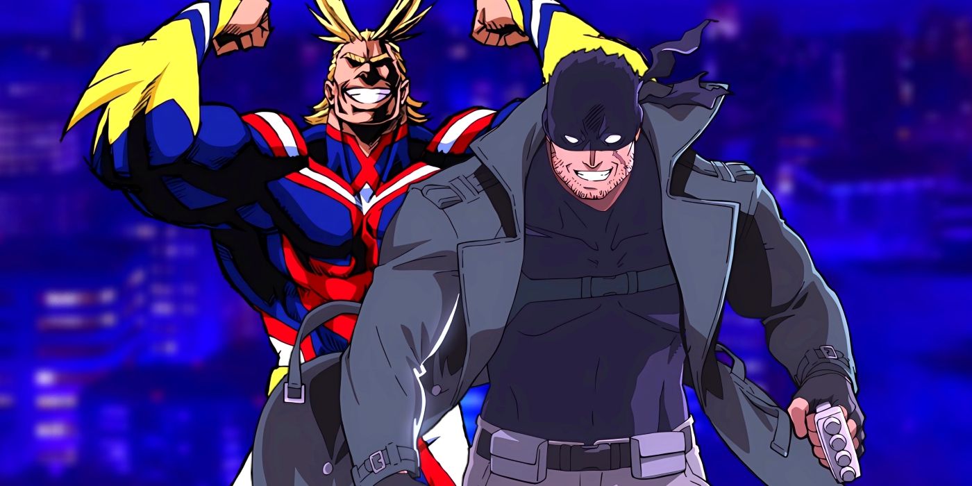All Might and Knuckleduster standing side by side wearing their costumes. Behind them, Mustafu city at night can be seen.