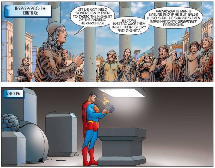 Comic book panels: Pico della Miranda delivers his Oration on the Dignity of Man as Superman uses his heat vision elsewhere.