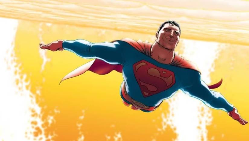 Comic book art: Superman flies in front of a yellow sun.