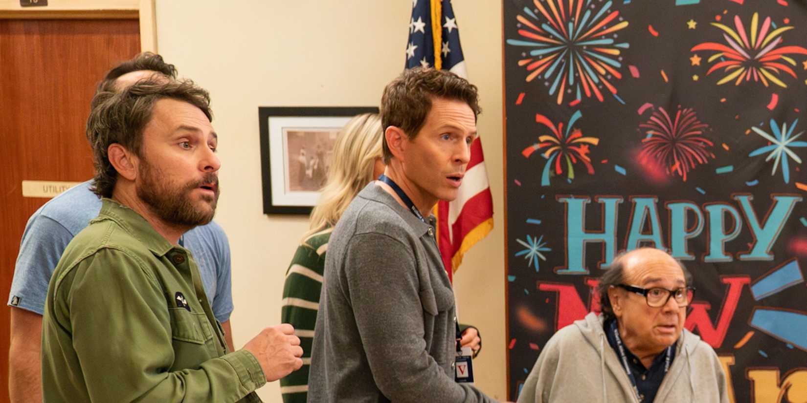 Charlie Kelly (Charlie Day), Dennis Reynolds (Glenn Howerton), and Frank Reynolds (Danny DeVito) in the Abbott Elementary & It's Always Sunny In Philadelphia crossover