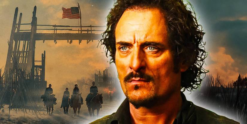 An edited image of Kim Coates as Tig in Sons of Anarchy with the American Primeval poster in the background.