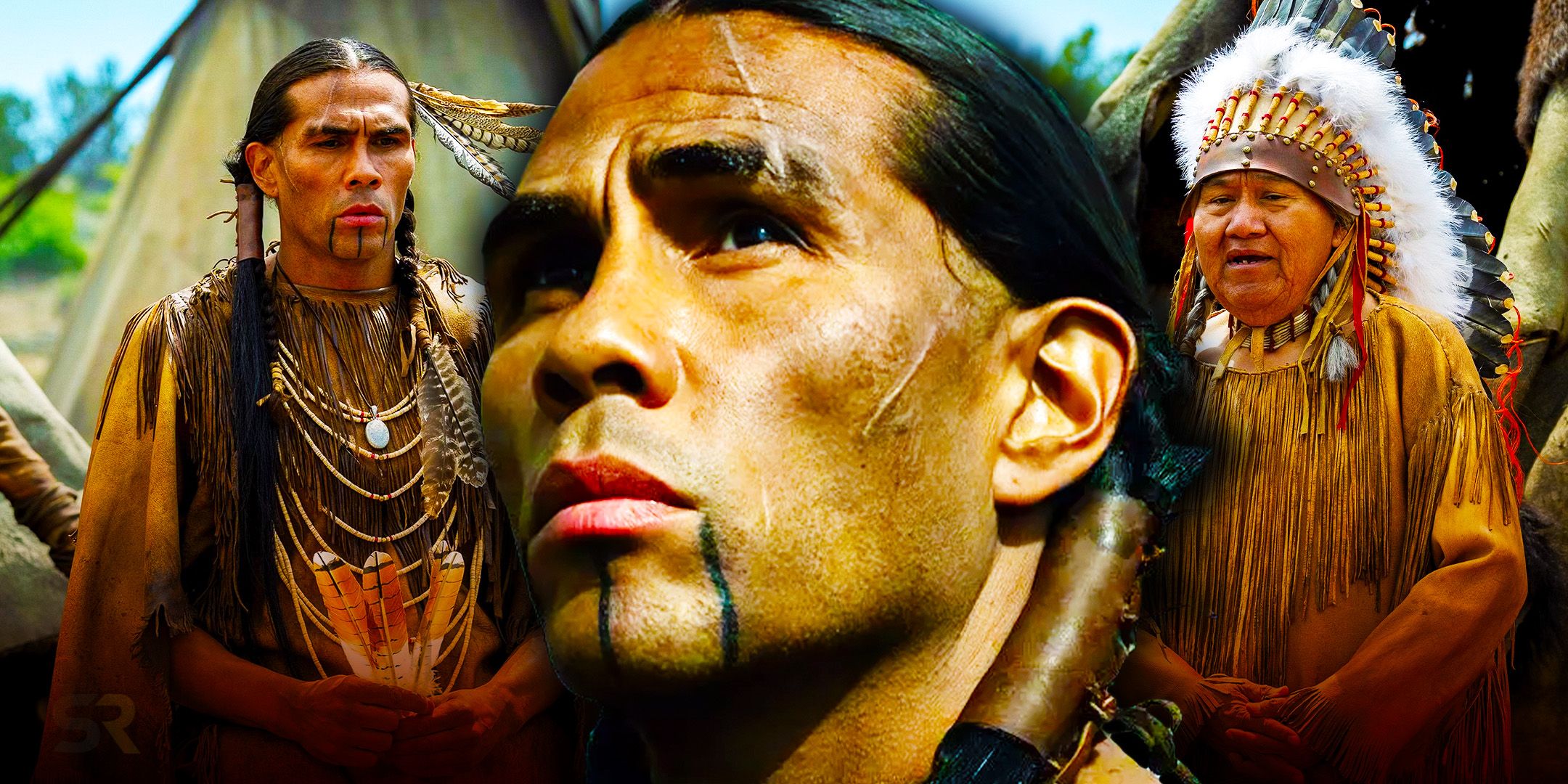 Derek Hinkey as Red Feather and cast of American Primeval