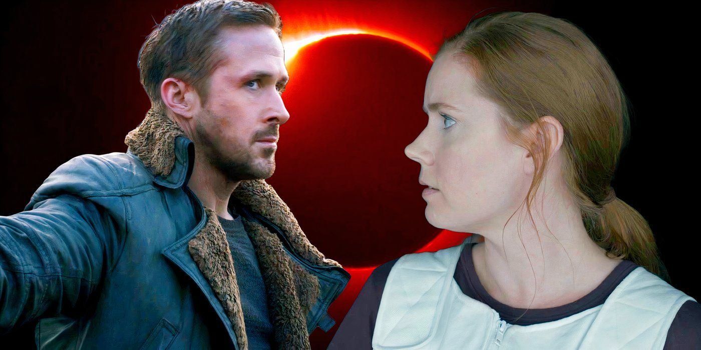 Amy Adams from Arrival and Ryan Gosling from Blade Runner 2049 face each other in front of a Dune 2 eclipse