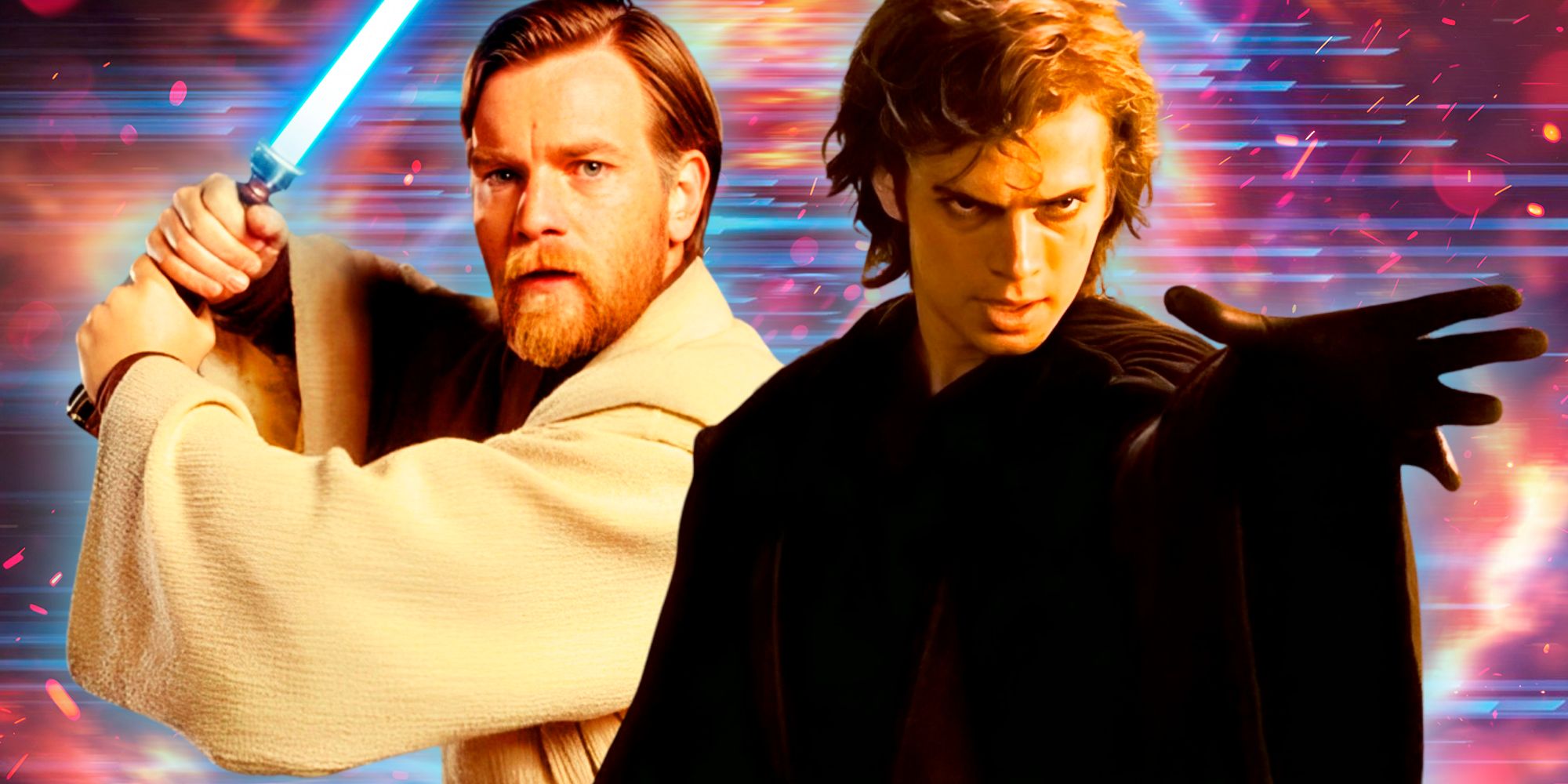 Obi-Wan Kenobi holding up his lightsaber to the left and Anakin Skywalker using Force choke to the right in front of a vibrant background