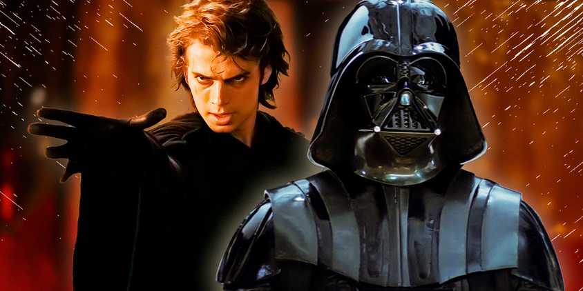 Anakin Skywalker using Force choke in Revenge of the Sith to the left and Darth Vader in his suit to the right