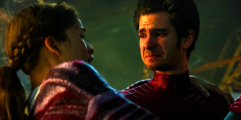 Andrew Garfield's Spider-Man cries while holding Zendaya's MJ in No Way Home