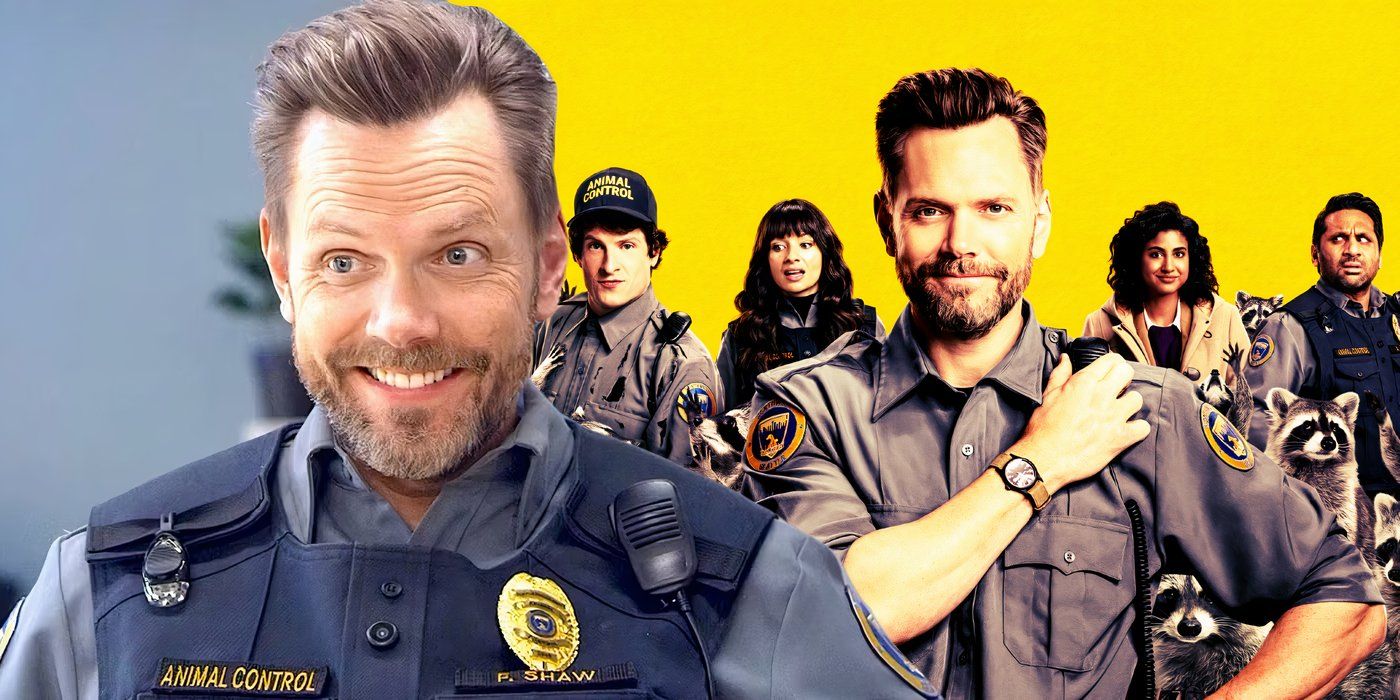 A composite image of Joel McHale smiling in front of the cast of Animal Control surrounded by racoons