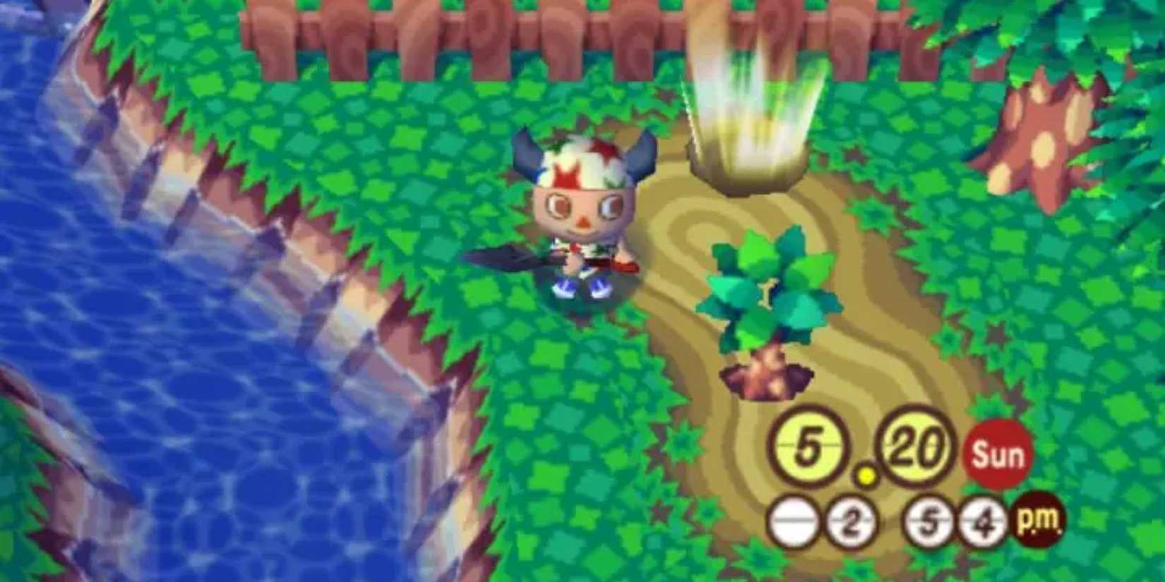 The player stood next to a sapling in the Nintendo 64 version of Animal Crossing.