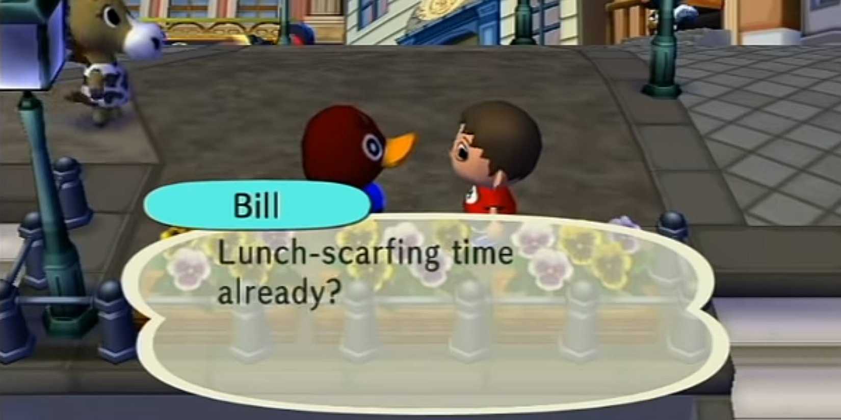 The player chatting to Bill in the city in Animal Crossing City Folk.